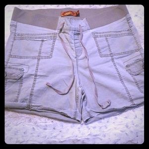 2 pairs grey and green shorts.